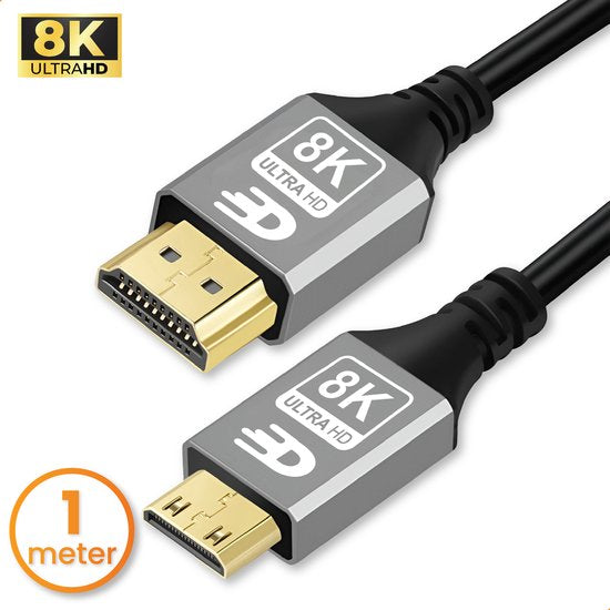 Drivv. Câble Premium Mini HDMI vers HDMI 2.1 - 8K 60Hz / 4K 120Hz Ultra HD - 1 mètre - Gris - Convient aux appareils photo, tablettes et ordinateurs portables