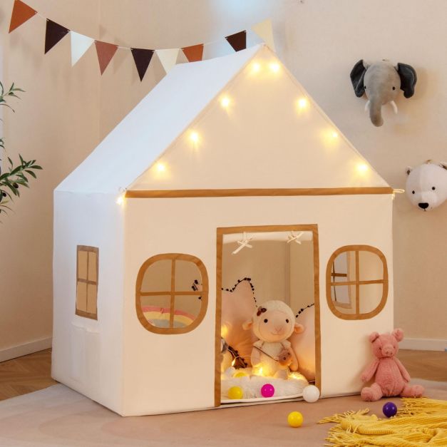 Tente de jeu Coast pour enfants – Maisonnette d'intérieur avec guirlande lumineuse et tapis de jeu 120 x 101 x 143 cm – Beige/Marron