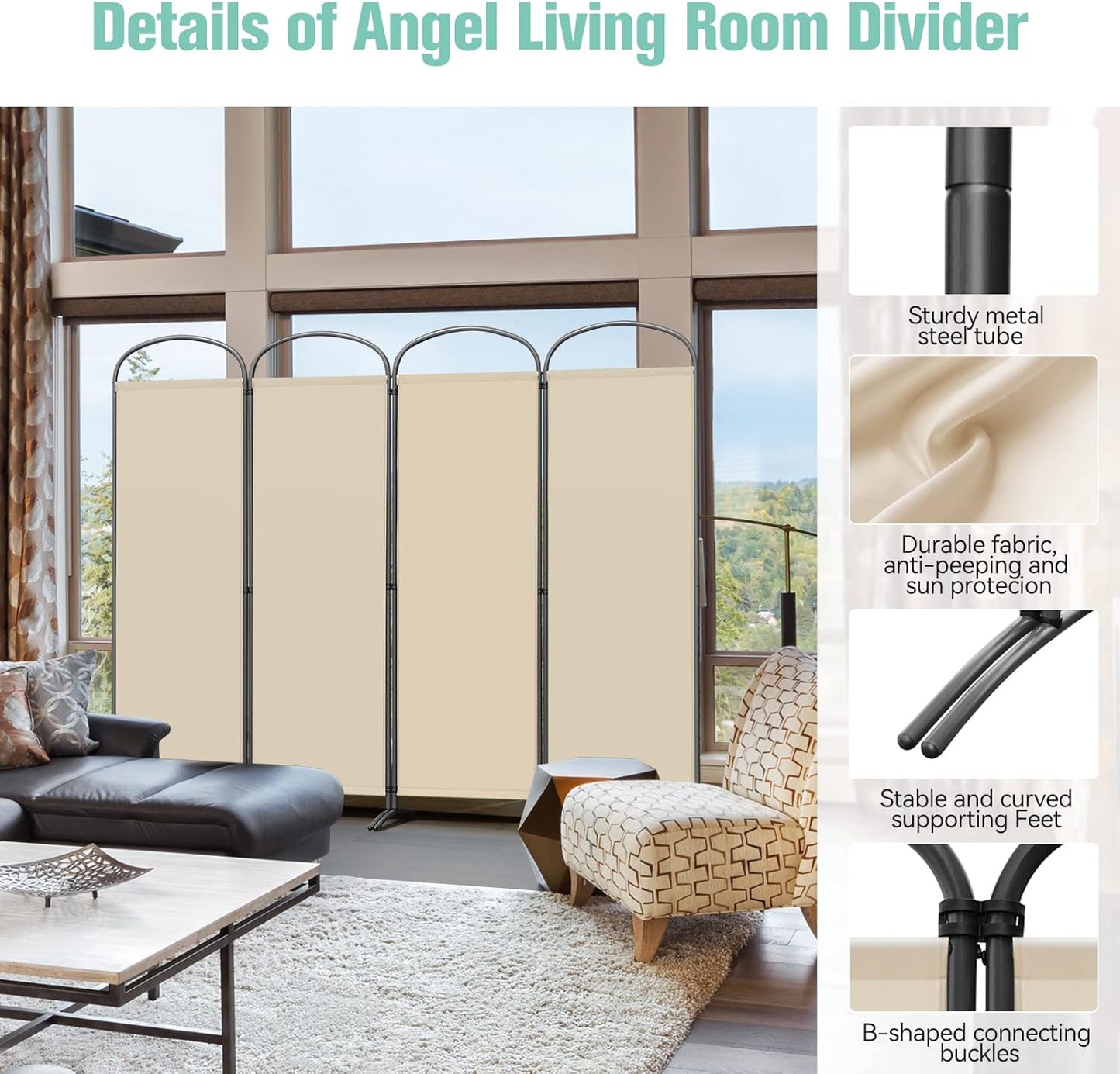 Angel Living Paravent - 4 pièces - Pliable - Polyester 160g/m² - Cadre en acier - Séparation de pièces et protection de la vie privée - Beige