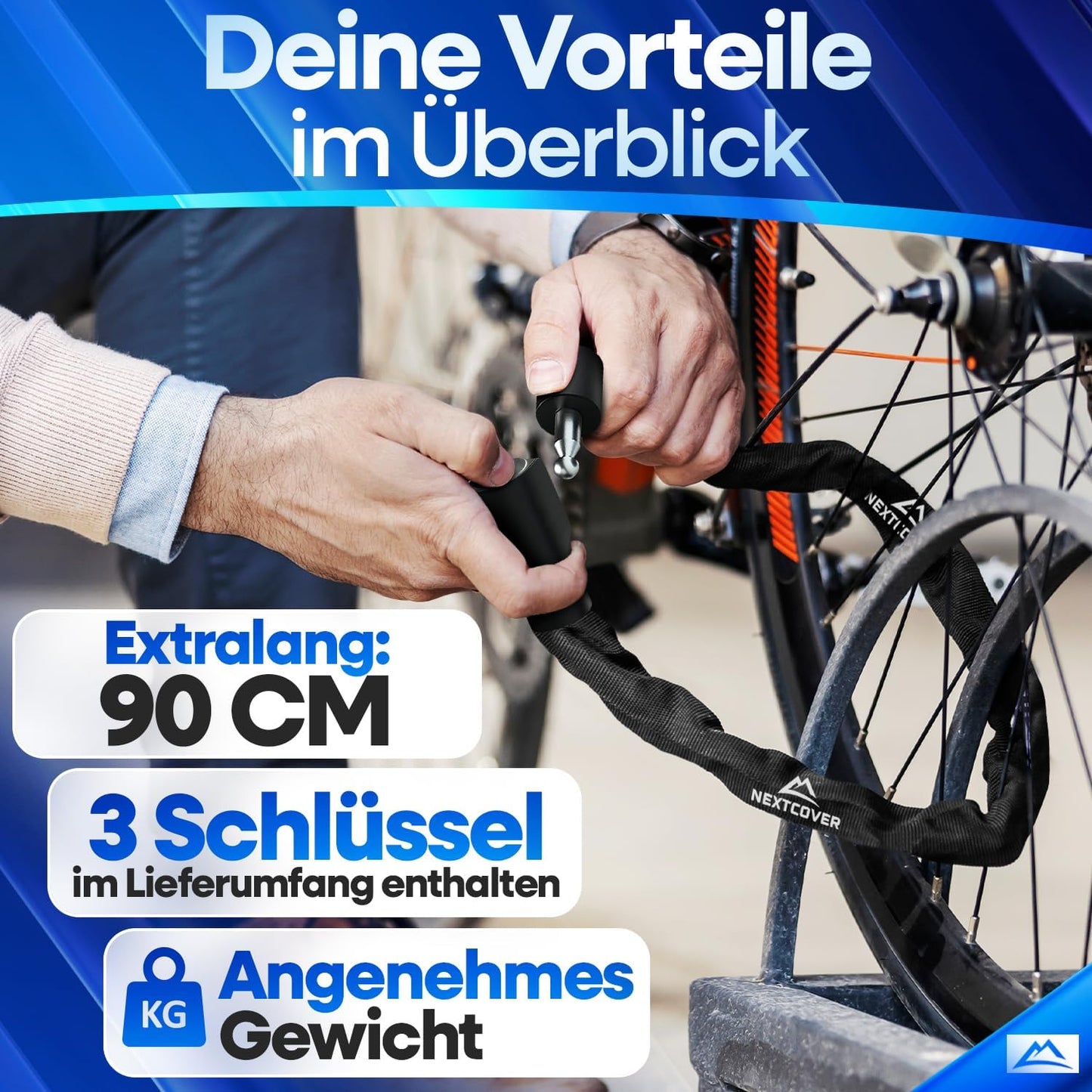 NEXTCOVER® Cadenas à vélo LockOne avec clé I - [SAFE] Cadenas à vélo haute sécurité I cadenas à chaîne robuste et durable I Cadenas à vélo, cadenas à vélo 3 clés