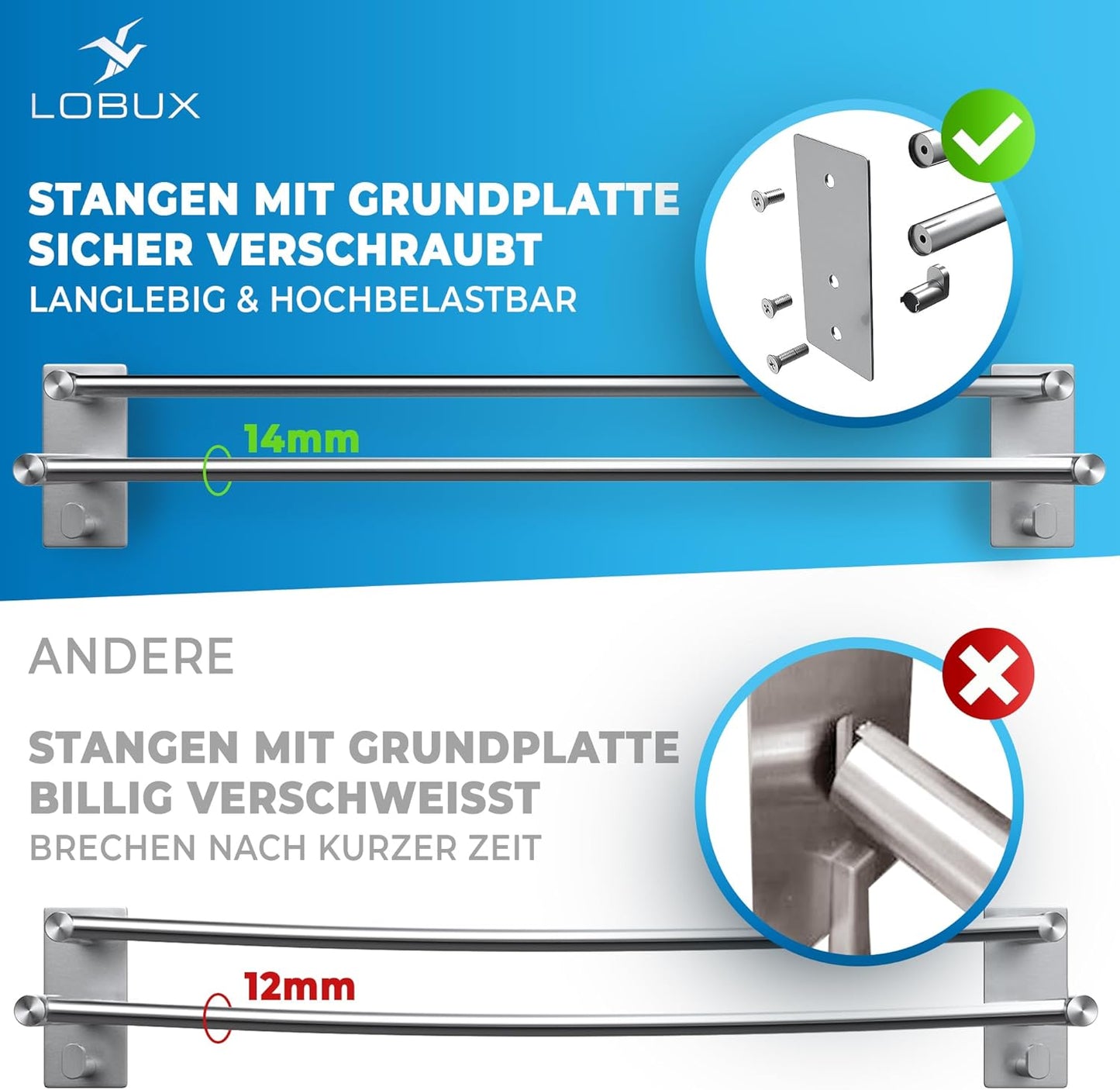 LOBUX® - Porte-serviettes sans perçage - 60cm, acier inoxydable - Porte-serviettes salle de bain double, auto-adhésif - Porte-serviettes avec 2 crochets pour serviettes - pour salle de bain, paroi de douche, cuisine
