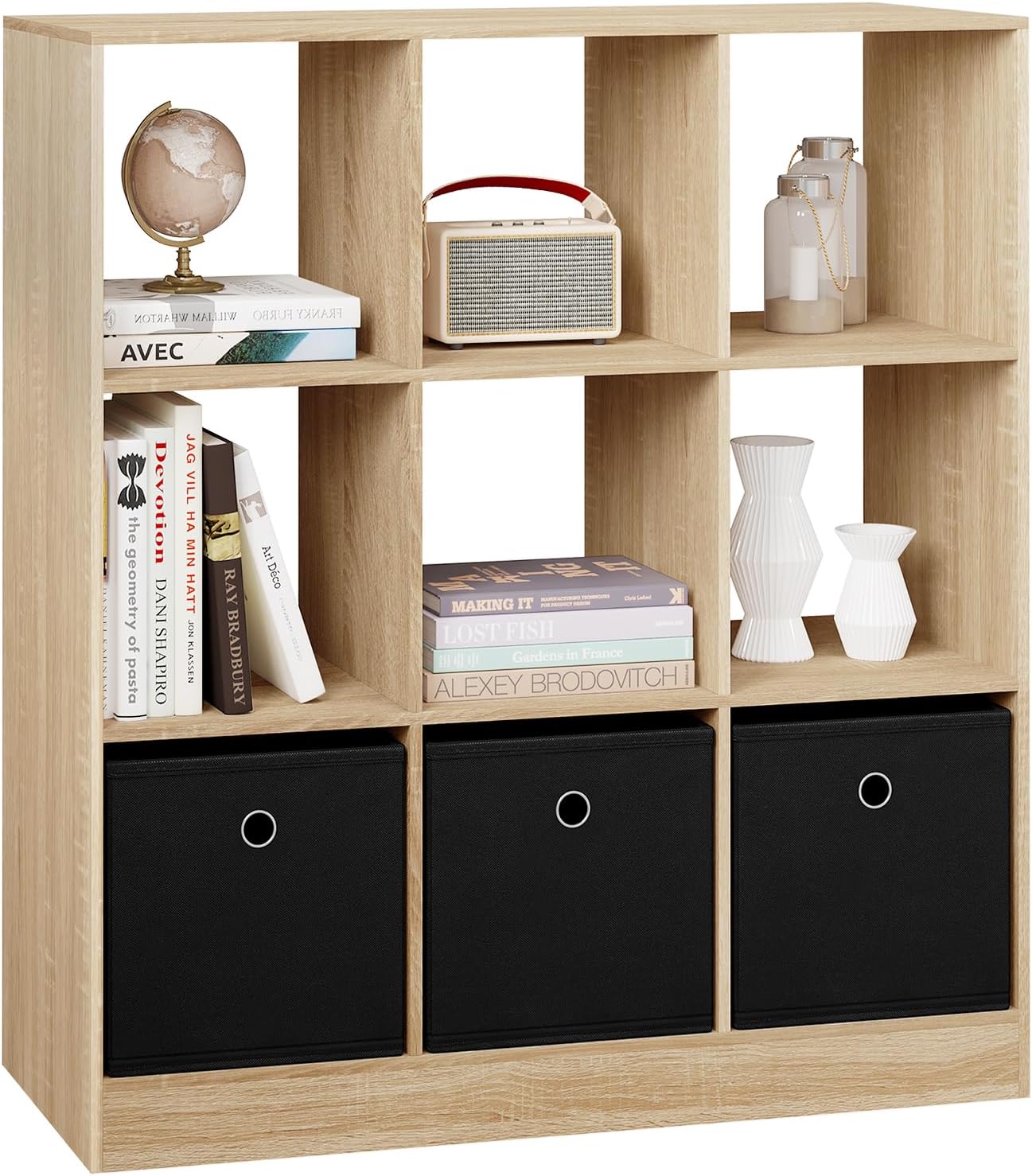 Woltu Bibliothèque 9 compartiments avec 3 tiroirs en tissu - Bois mélaminé chêne clair - 80x30x86.5 cm