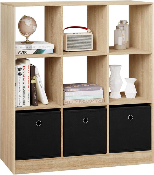 Woltu Bibliothèque 9 compartiments avec 3 tiroirs en tissu - Bois mélaminé chêne clair - 80x30x86.5 cm