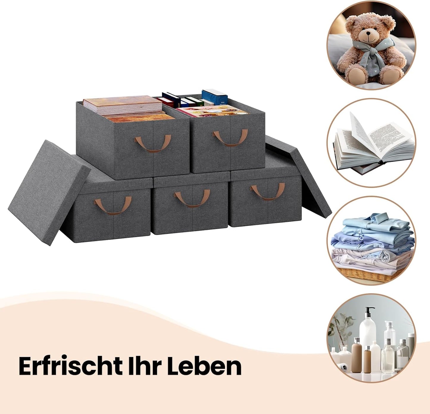 Boîte de rangement WOLTU avec couvercle - lot de 5 boîtes de rangement - pliable - gris - 38 x 27 x 20 cm