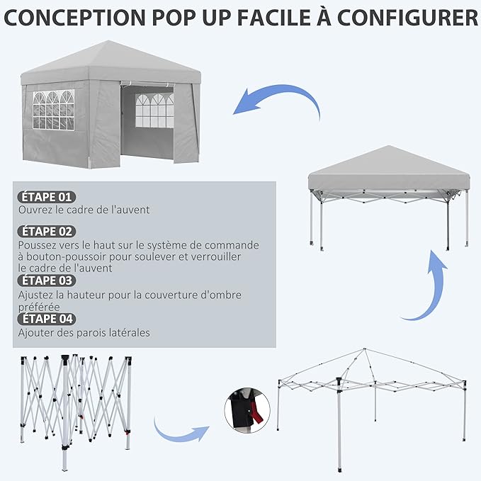 Outsunny Pavillon de jardin, pop-up, pliable, pavillon, tente de fête, 3 x 3 m, protection contre les UV 30+, avec fenêtres, parois latérales, sac de transport, sacs de sable, gris