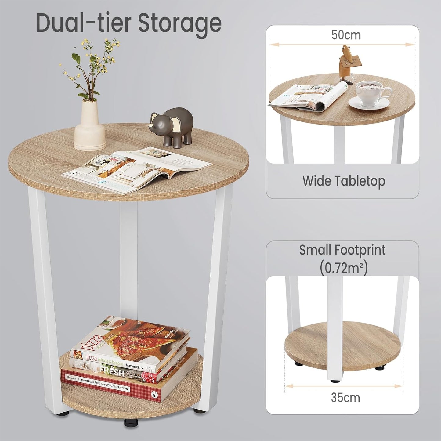 Table basse ronde Woltu - 50x50x53 cm - chêne clair - table d'appoint avec 2 étagères et espace de rangement