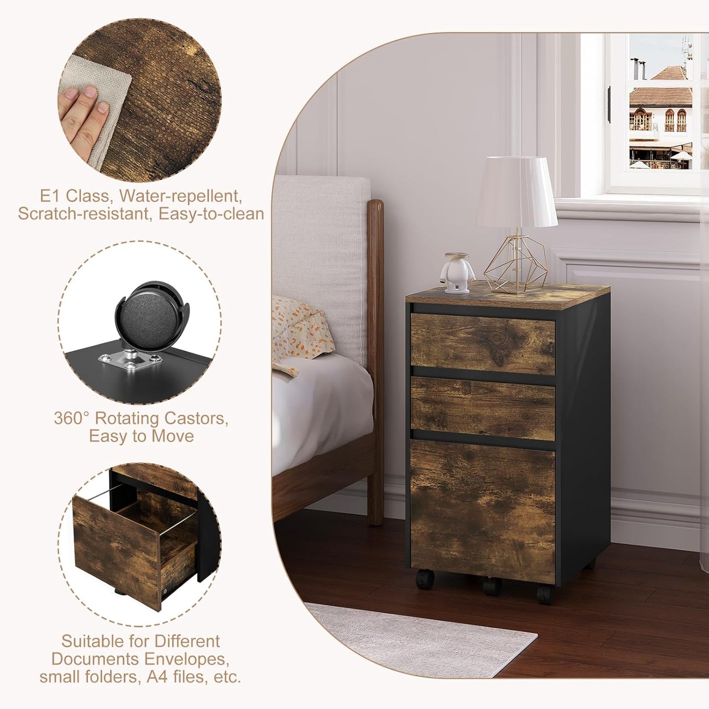 Woltu Mobile Filing Cabinet - Conteneur à roulettes avec 3 tiroirs et roulettes - Industrial Dark Oak/Black - 40 x 40 x 70 cm