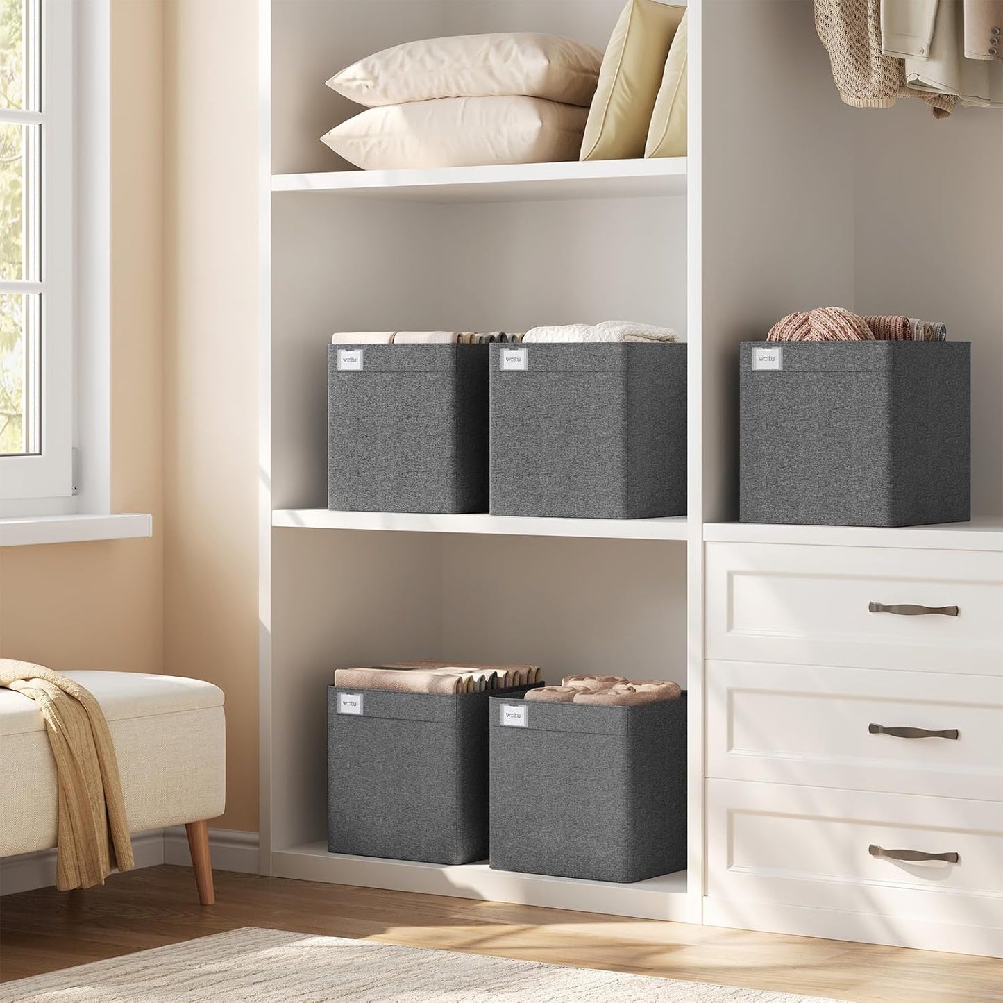 Woltu Boîte de rangement pliable Lot de 3 - Gris - 32.5x32.5x32 cm - Cubes de rangement robustes en tissu avec poignées et porte-étiquettes