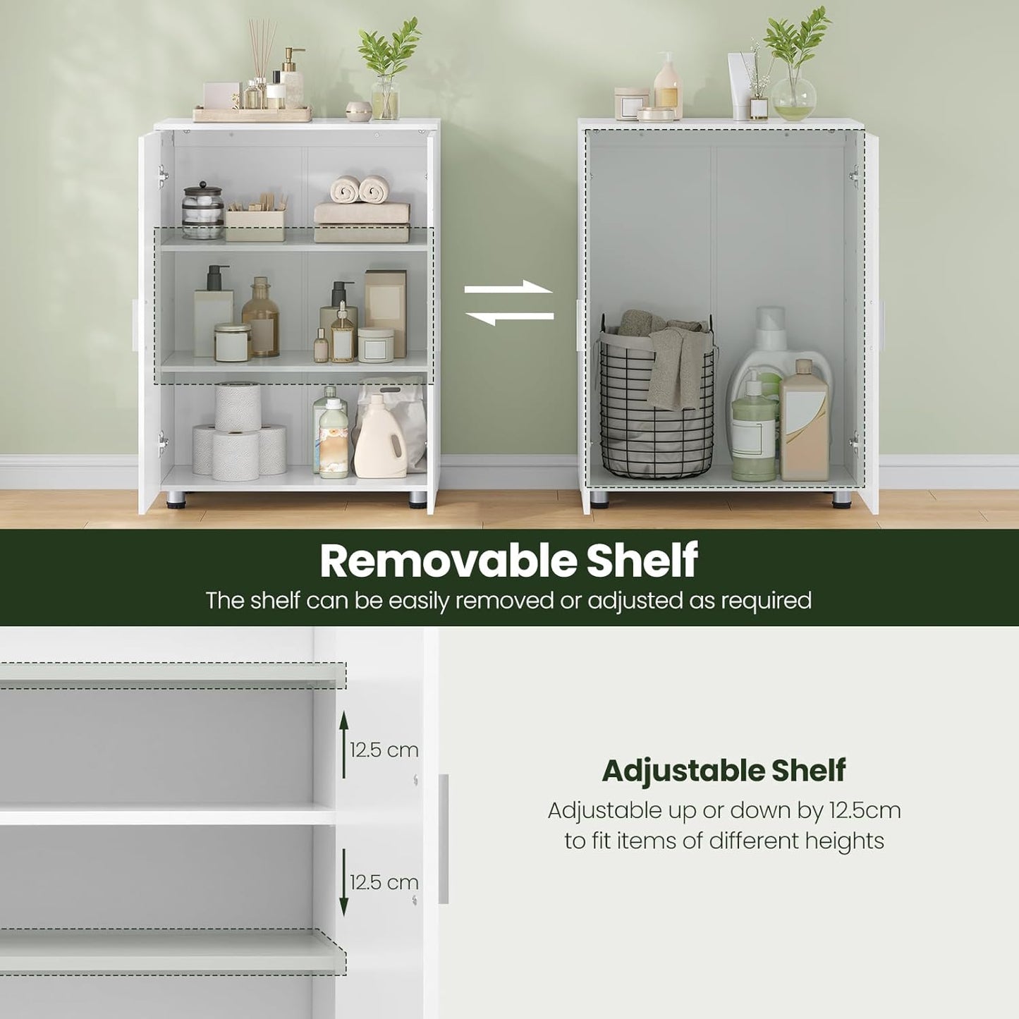 Eugad Bathroom Cabinet Upright - White - 60 x 30 x 82 cm - Meuble de rangement moderne avec portes et étagères réglables