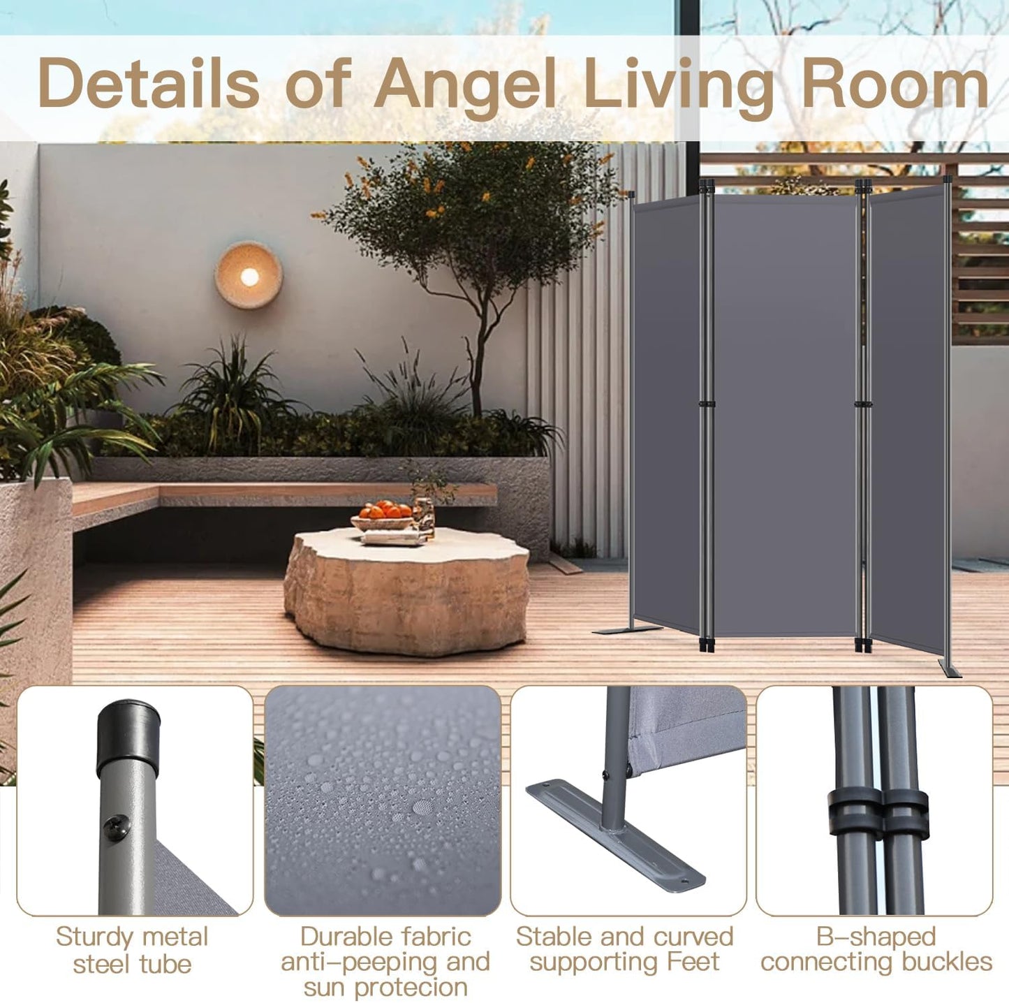 Angel Living Paravent 3 pièces - Séparation d'espace élégante et protection de la vie privée - Cadre en acier robuste - Tissu polyester - Gris