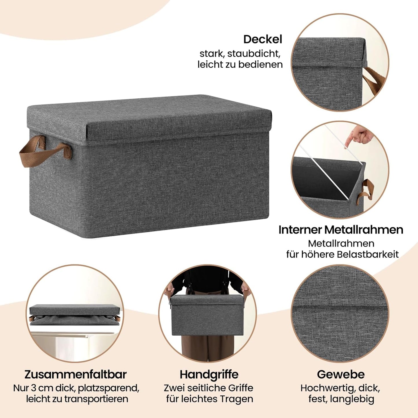 Boîte de rangement WOLTU avec couvercle - lot de 5 boîtes de rangement - pliable - gris - 38 x 27 x 20 cm
