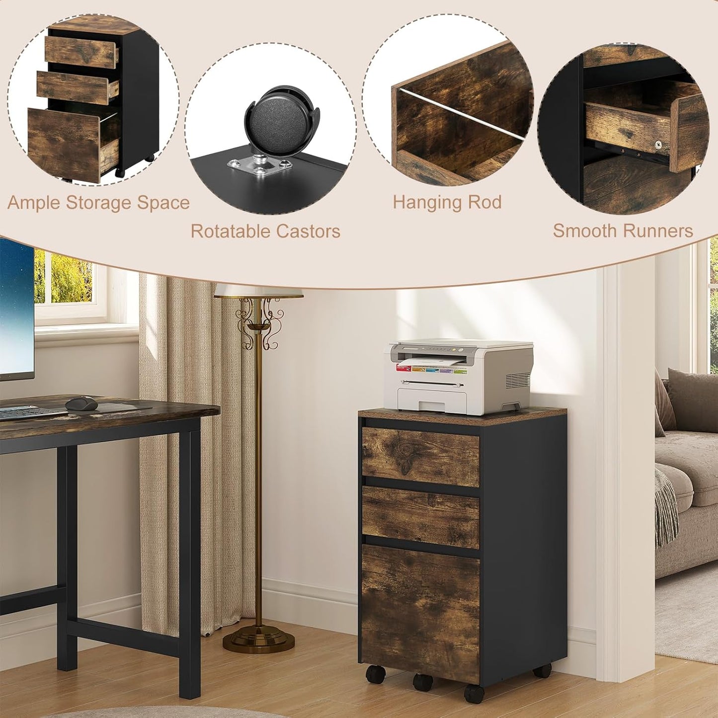 Woltu Mobile Filing Cabinet - Conteneur à roulettes avec 3 tiroirs et roulettes - Industrial Dark Oak/Black - 40 x 40 x 70 cm