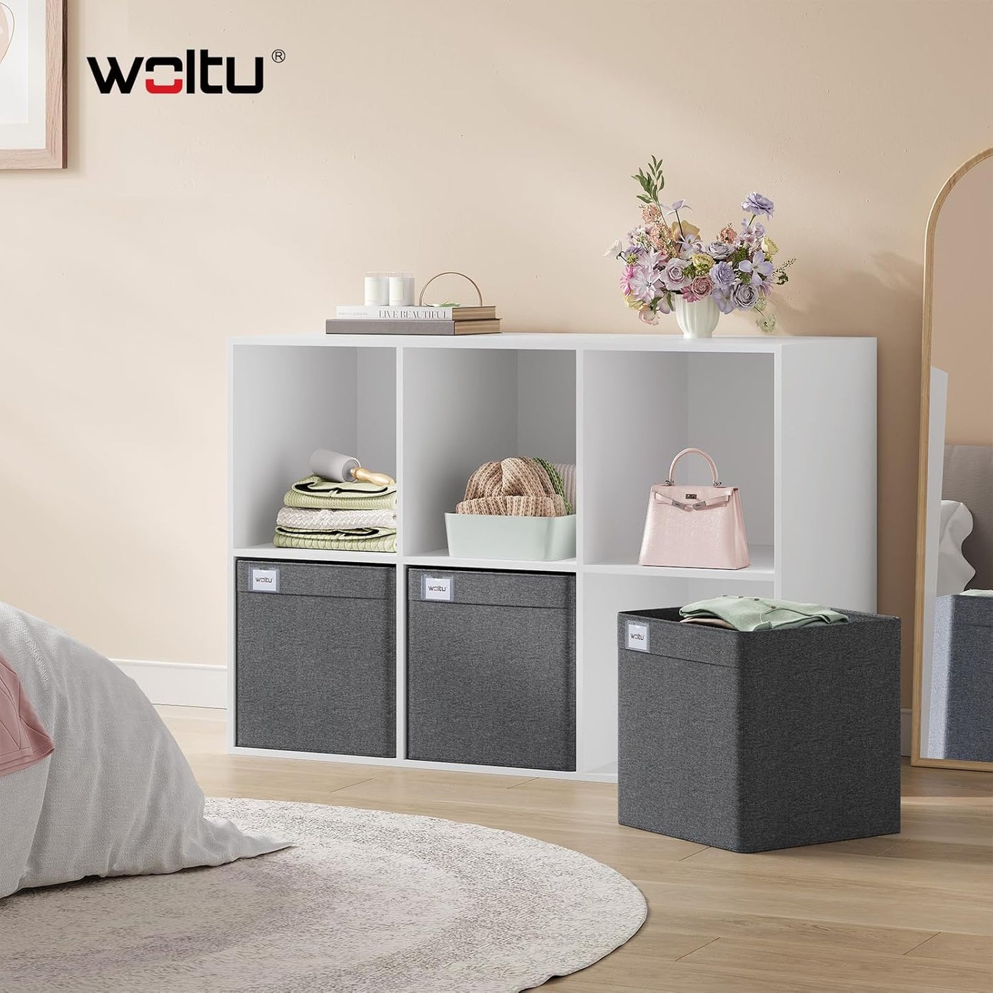 Woltu Boîte de rangement pliable Lot de 3 - Gris - 32.5x32.5x32 cm - Cubes de rangement robustes en tissu avec poignées et porte-étiquettes