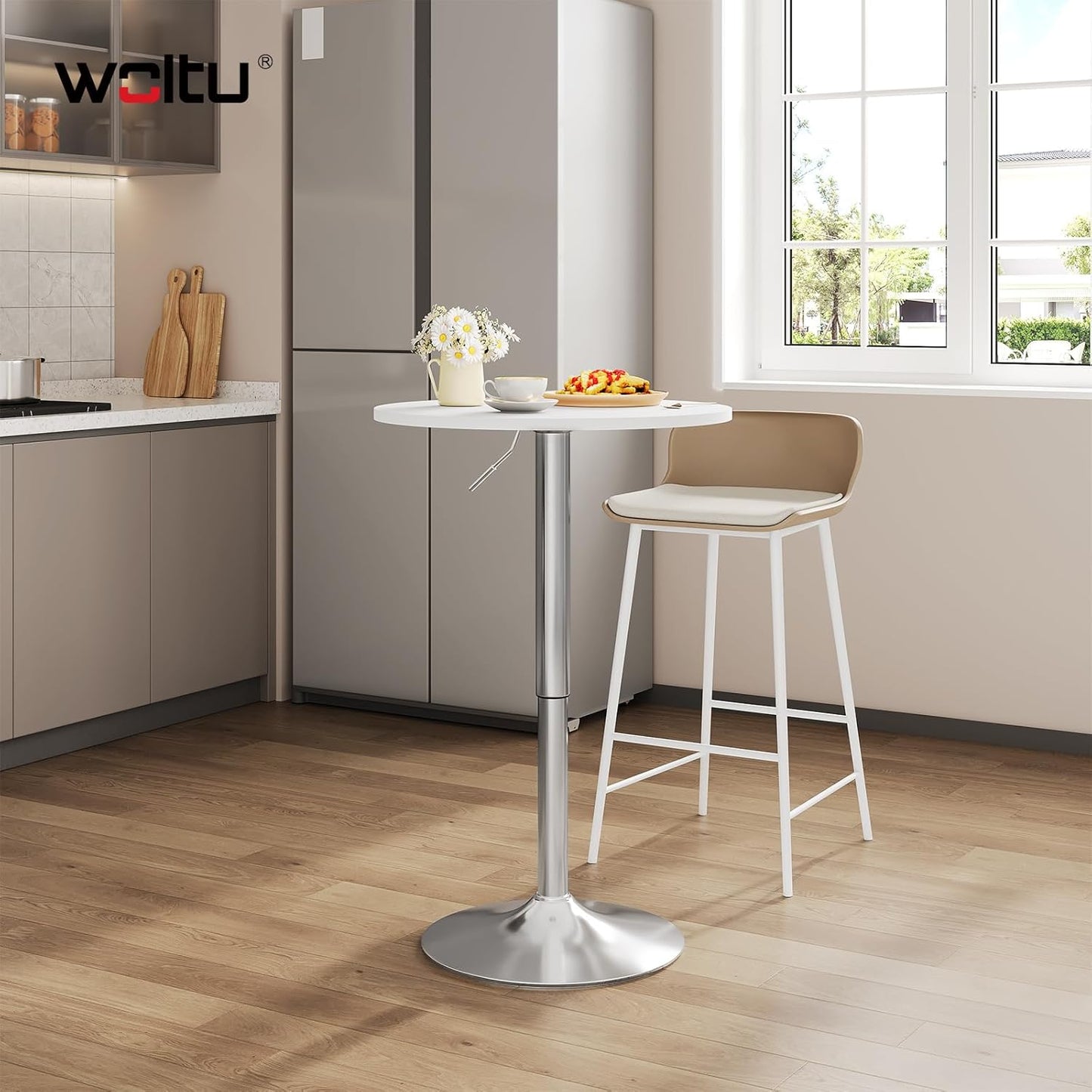 Woltu BT02ws Table de bar réglable - Rond 60x60 cm - Hauteur 68-88 cm - Blanc