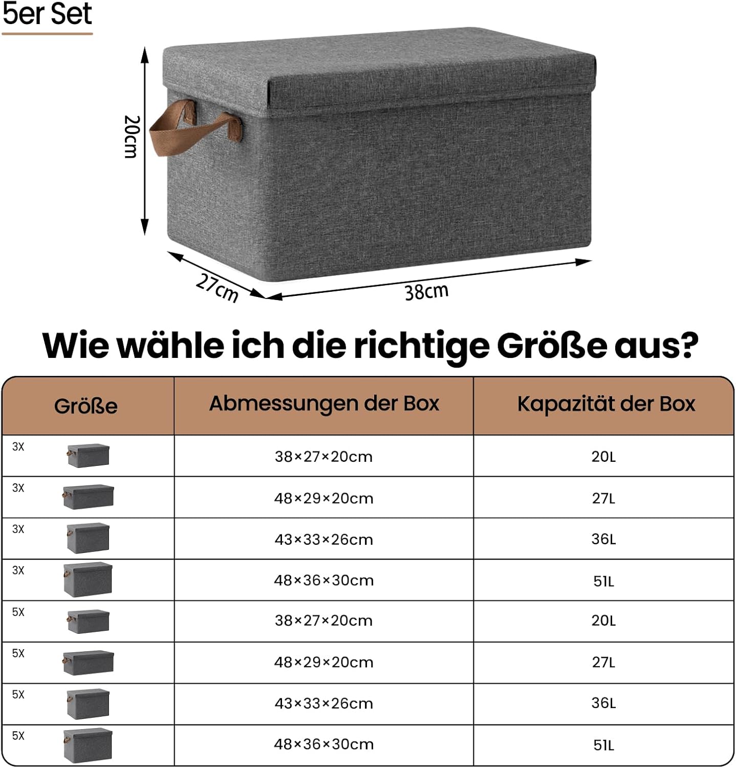 Boîte de rangement WOLTU avec couvercle - lot de 5 boîtes de rangement - pliable - gris - 38 x 27 x 20 cm
