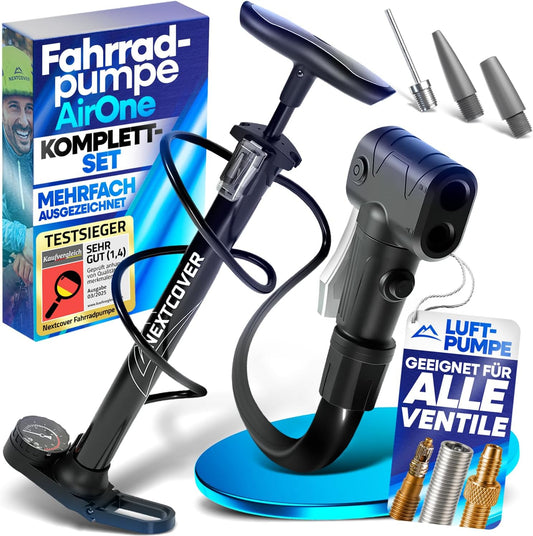 NEXTCOVER® pompe à vélo Toutes valves avec [technologie Airflow] I Pompe pour valve voiture, valve Presta & valve Dunlop I Pompe de sol vélo avec manomètre I Pompe à air vélo