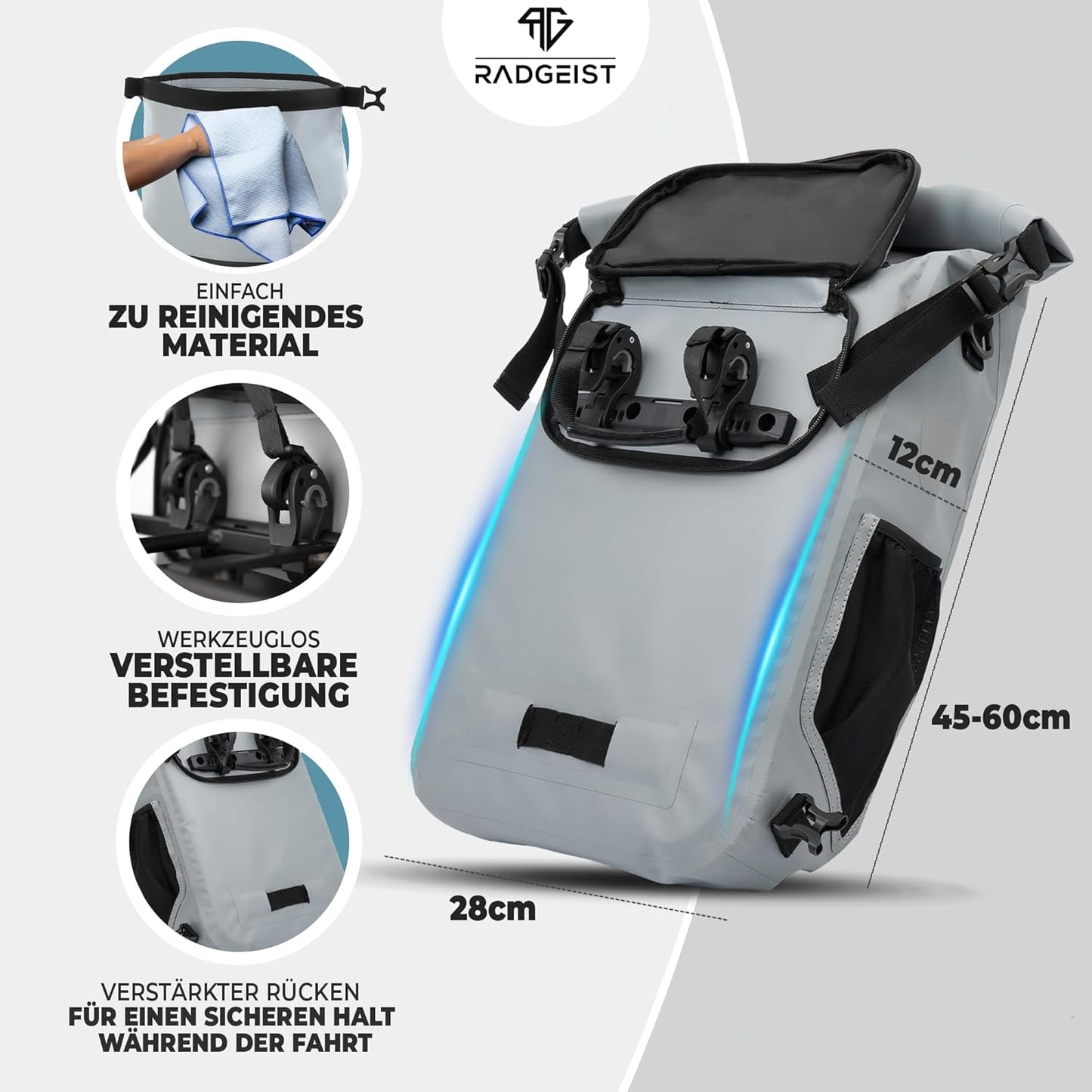 RADGEIST 3in1 bike bag for carrier I sac à vélo, sac à dos et sac à bandoulière 18-22L I sac à vélo 100% étanche gris