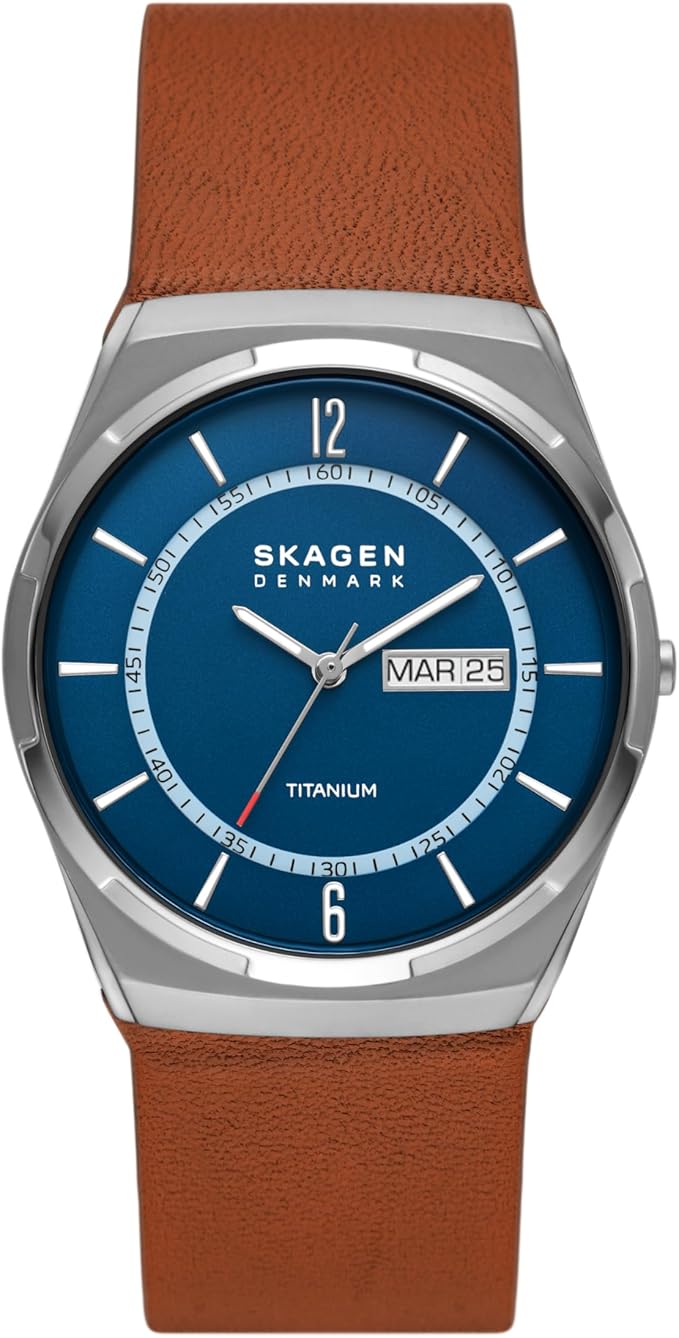 Skagen Melbye Titanium 40 mm - Boîtier gris en titane - Cadran bleu - Bracelet en cuir marron