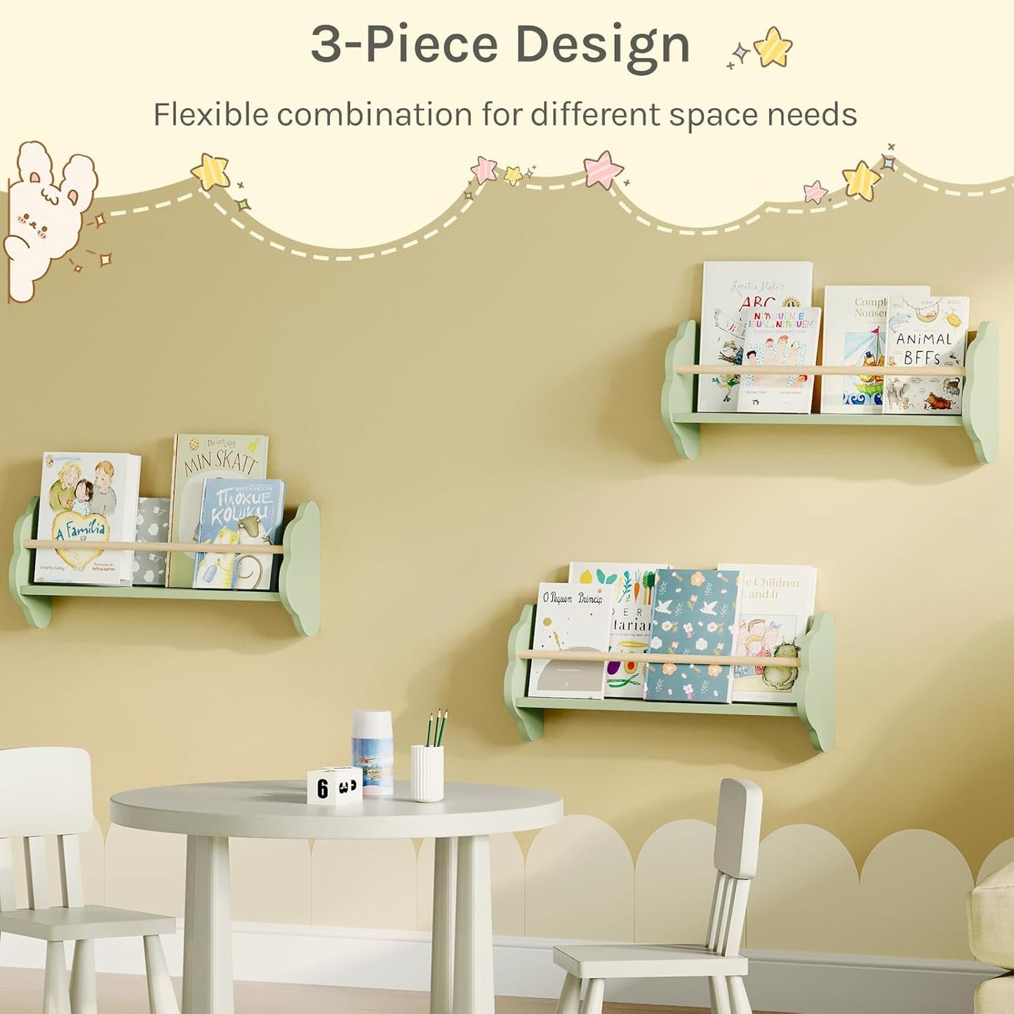 Woltu Bibliothèque murale pour enfants 3 pièces - Forme de nuage - 65 x 23 x 12,7 cm - Pin & MDF - Set d'étagères murales modernes