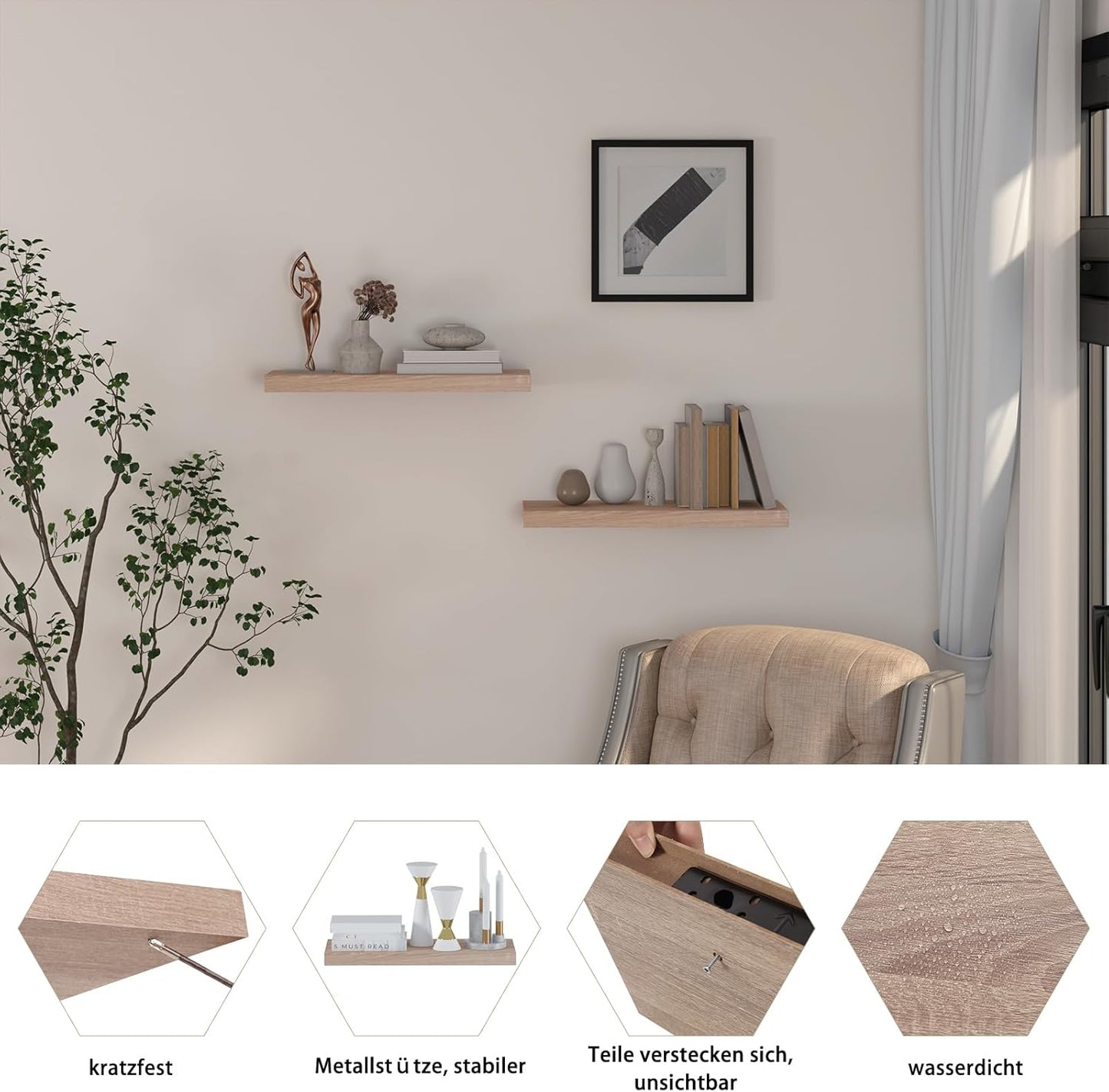 Etagère murale Eugad 80 x 22,9 x 3,8 cm - Etagère flottante en bois aspect chêne - Design rétro