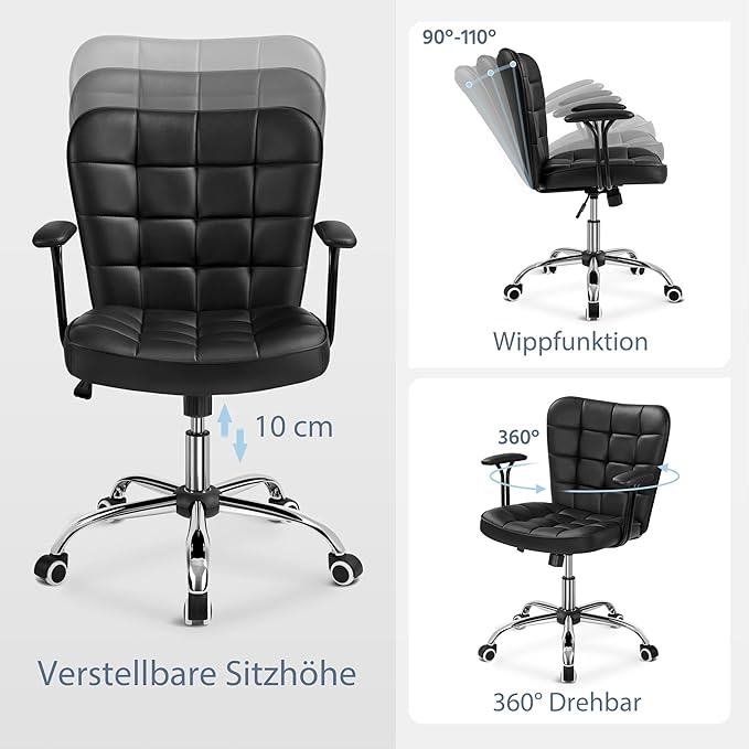 Yaheetech Siège de bureau - Ergonomique - Réglable - Avec accoudoirs amovibles - Noir