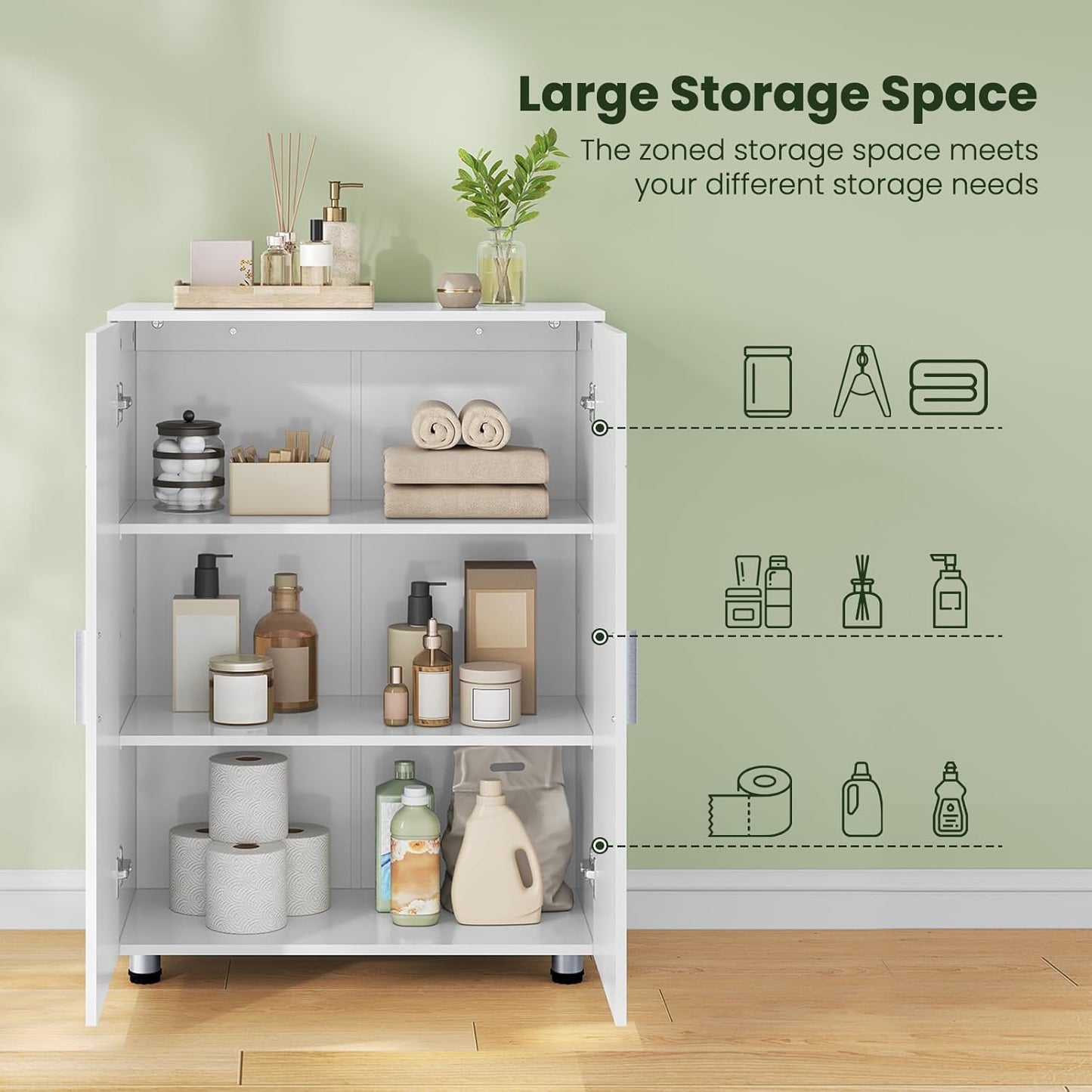Eugad Bathroom Cabinet Upright - White - 60 x 30 x 82 cm - Meuble de rangement moderne avec portes et étagères réglables