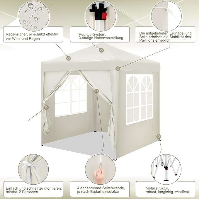 WOLTU Gazebo pop up party tent - 2 x 2 m - beige - protection UV 50+ hydrofuge