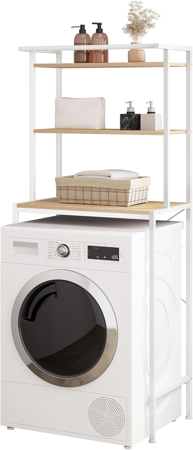 Eugad Support pour lave-linge / Support pour toilettes - Meuble de rangement supérieur avec 3 étagères et porte-serviettes - 67 x 162 x 40 cm - Blanc