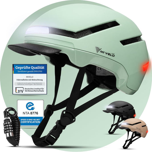 Mivelo Casque de vélo unisexe NOVA - Avec lumière - Certifié NTA jusqu'à 45km/h - Menthe - Taille M (54-58 cm)