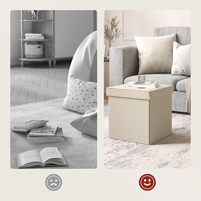 WOLTU pouf de rangement avec couvercle - tabouret de rangement cube - pliable - siège en lin - 37,5 x 37,5 x 38 cm - beige