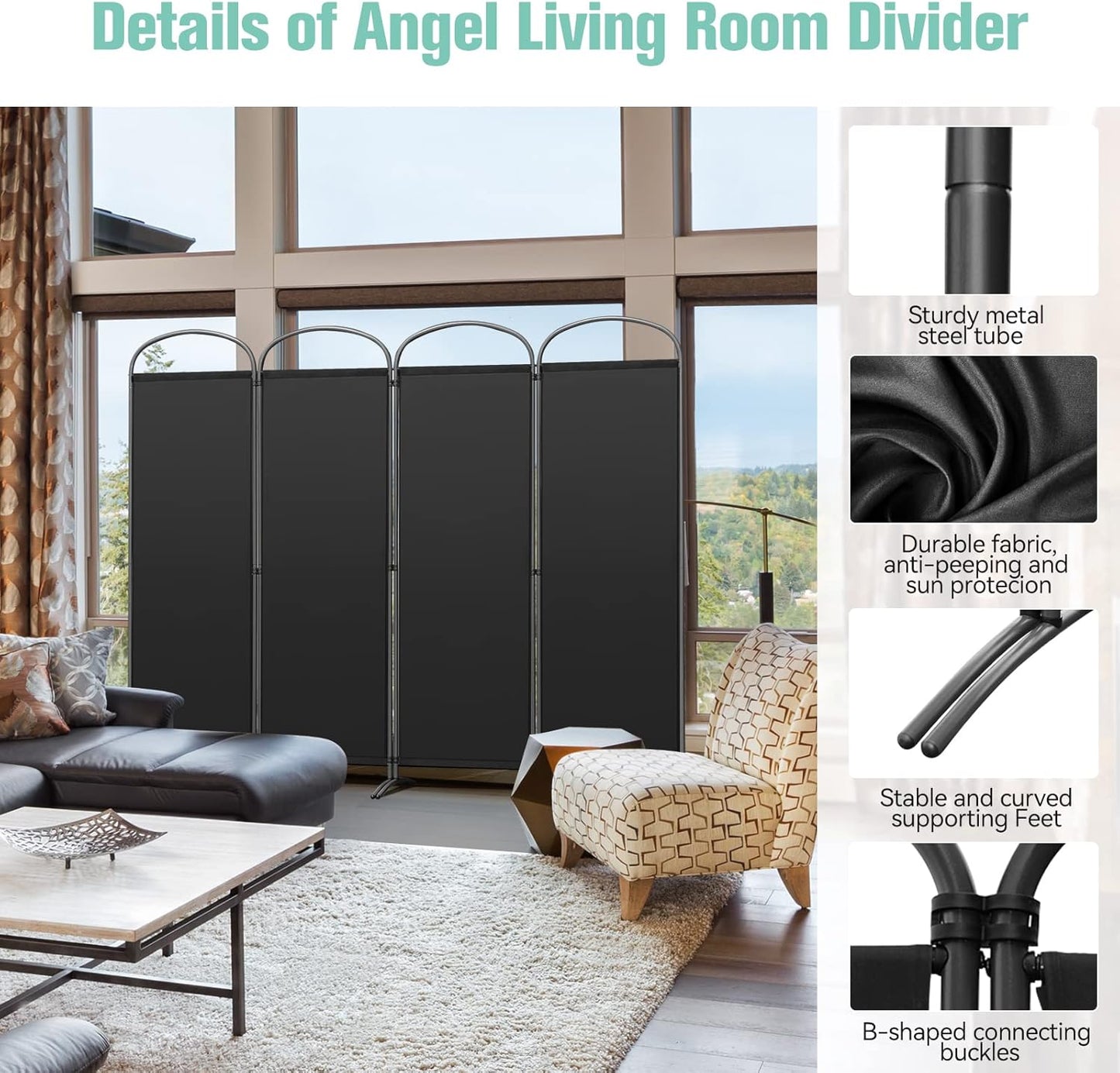 Angel Living Paravent - 4 panneaux - 224 x 182 cm - Intérieur et extérieur - Noir