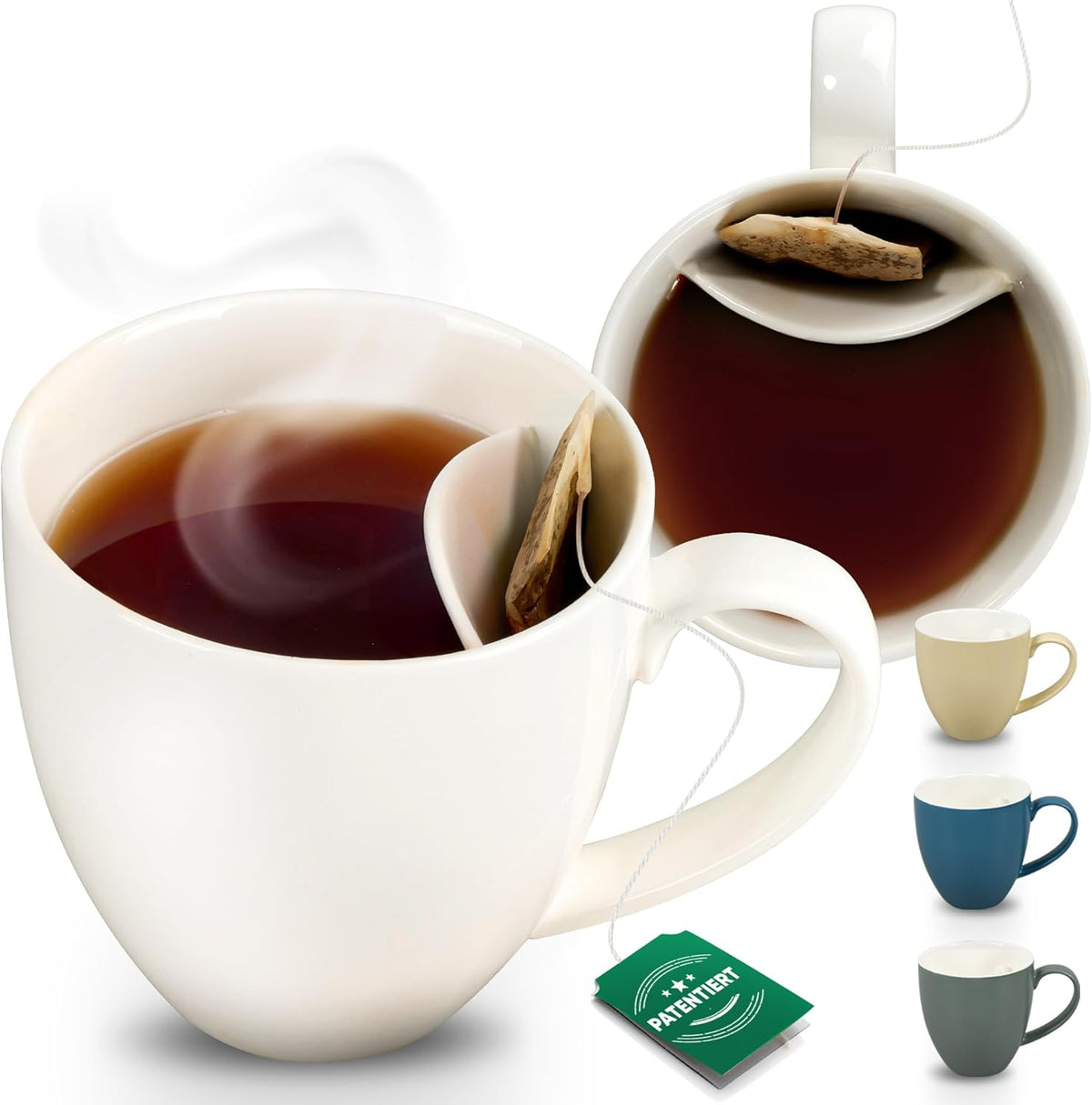 Neighbour's Friend Tasse à thé brevetée blanche avec porte-sac I Tasse en céramique grande 325ml I Tasse à thé en faïence I Tasse en céramique pour le thé I Passe au lave-vaisselle Tasses à thé I Design moderne pour les buveurs de thé