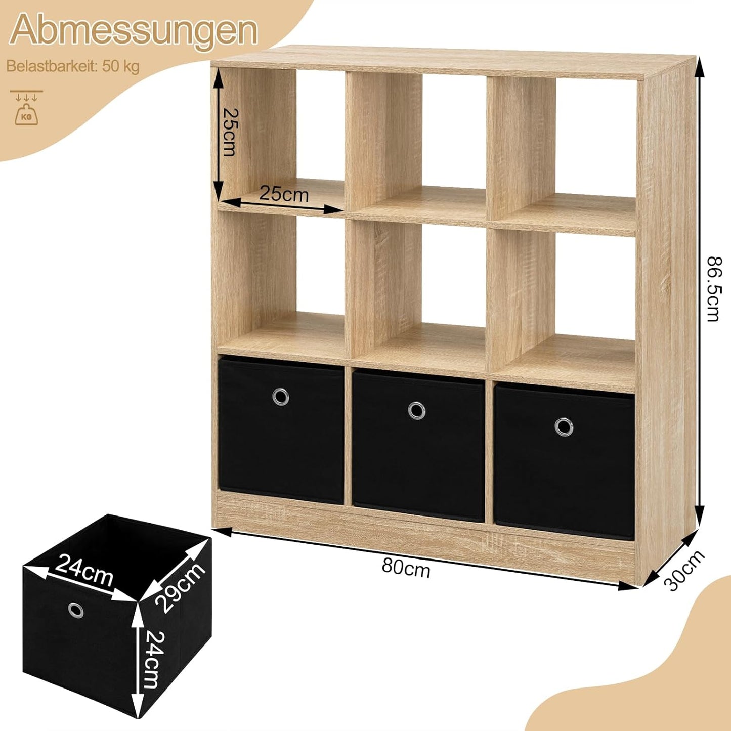 Woltu Bibliothèque 9 compartiments avec 3 tiroirs en tissu - Bois mélaminé chêne clair - 80x30x86.5 cm