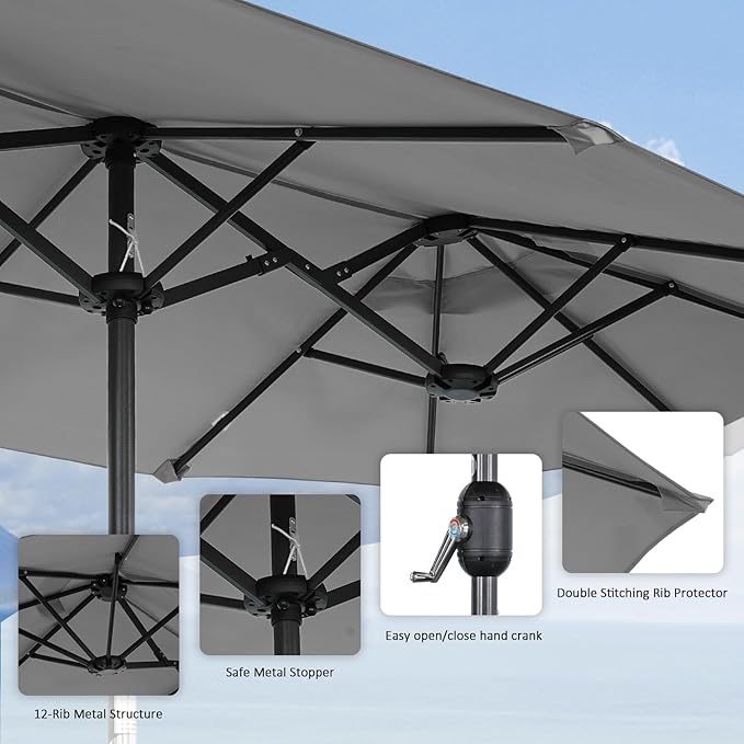 Angel Living Parasol double - 460 x 270 cm - avec manivelle Grand parasol Parapluie de marché - UPF 50+ - gris - 2.97x1.53cm