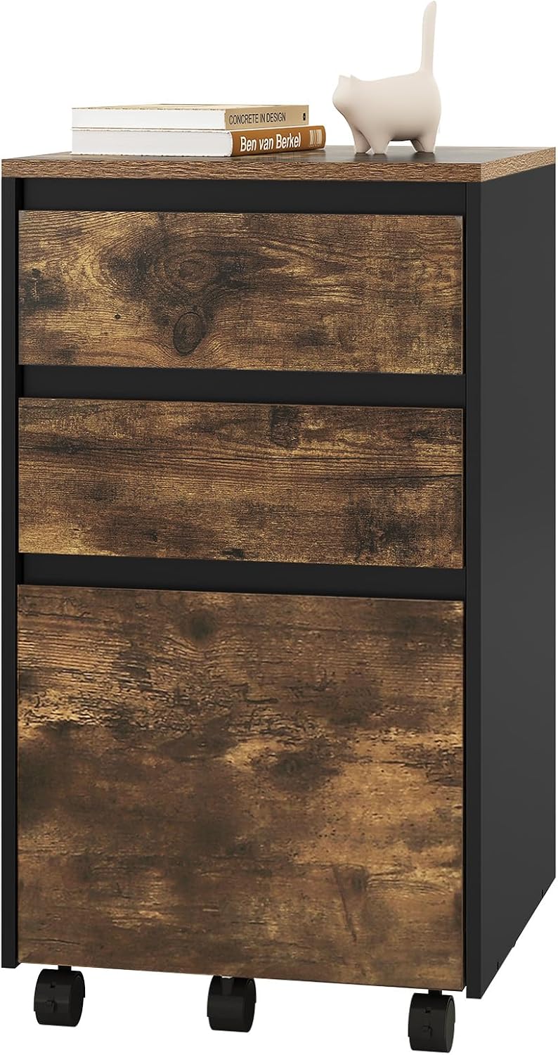 Woltu Mobile Filing Cabinet - Conteneur à roulettes avec 3 tiroirs et roulettes - Industrial Dark Oak/Black - 40 x 40 x 70 cm