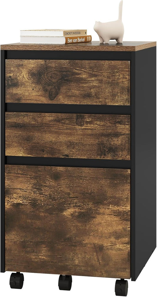 Woltu Mobile Filing Cabinet - Conteneur à roulettes avec 3 tiroirs et roulettes - Industrial Dark Oak/Black - 40 x 40 x 70 cm