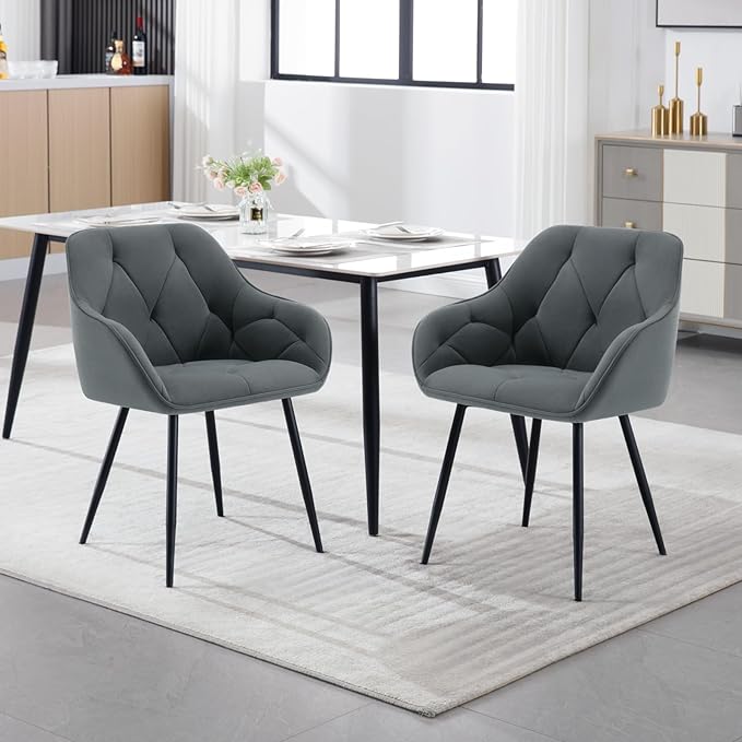 Chaise de salle à manger WOLTU - 1 pièce - assise en velours - avec accoudoirs - pieds en métal - gris foncé