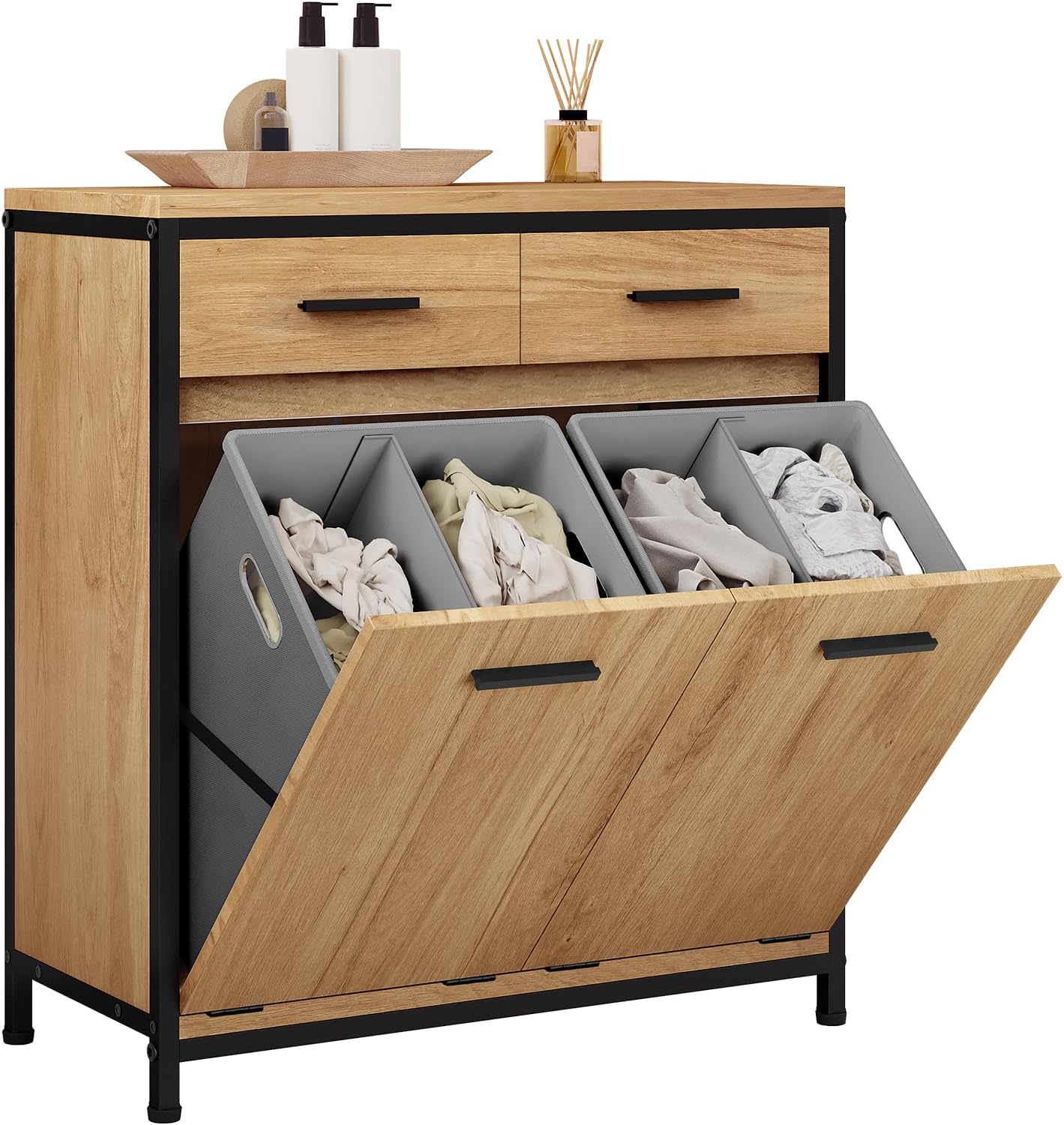 Armoire de toilette Eugad avec panier à linge et 2 tiroirs - Chêne clair et noir - 72,5 x 34 x 80 cm
