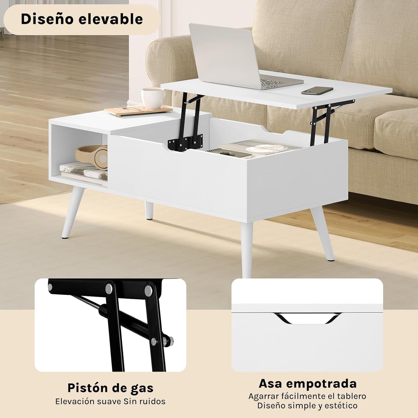 Table basse relevable Woltu - extensible et réglable (100 x 50 x 43-57 cm) - blanche