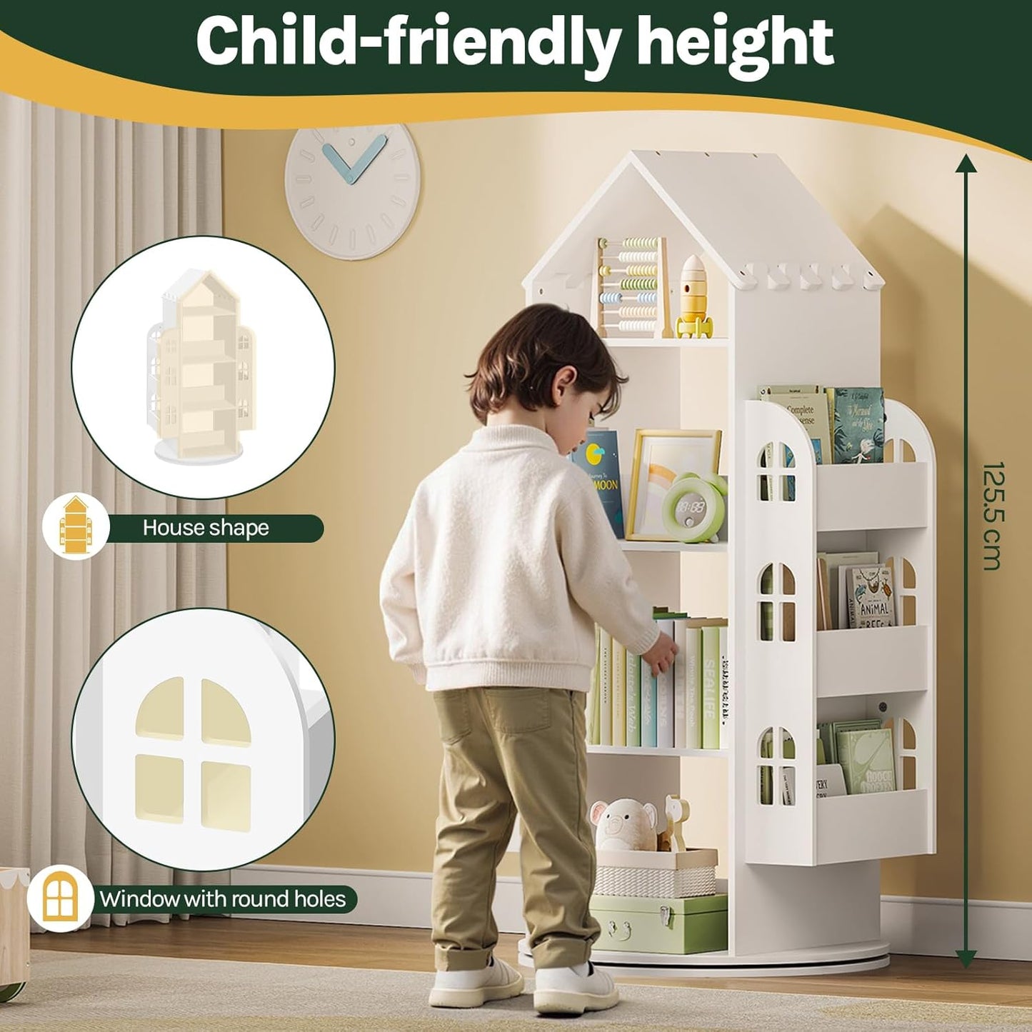 Woltu Revolving Children's Bookcase White 63x59x125 cm - Meuble de rangement Montessori à 4 niveaux et compartiments latéraux