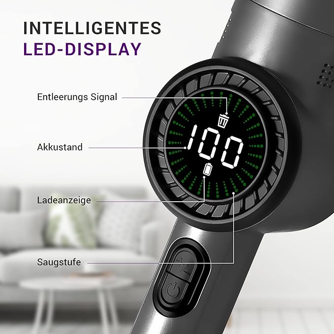 LEBENLANG Aspirateur sans fil - Batterie - 17000PA - 135W - Batterie Lithium puissante - Station de recharge incluse - Gris