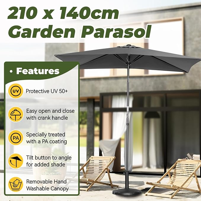Angel Living Tuniparasol - 210 x 140 cm, avec manivelle - Inclinable - UV 50+ - Rectangulaire