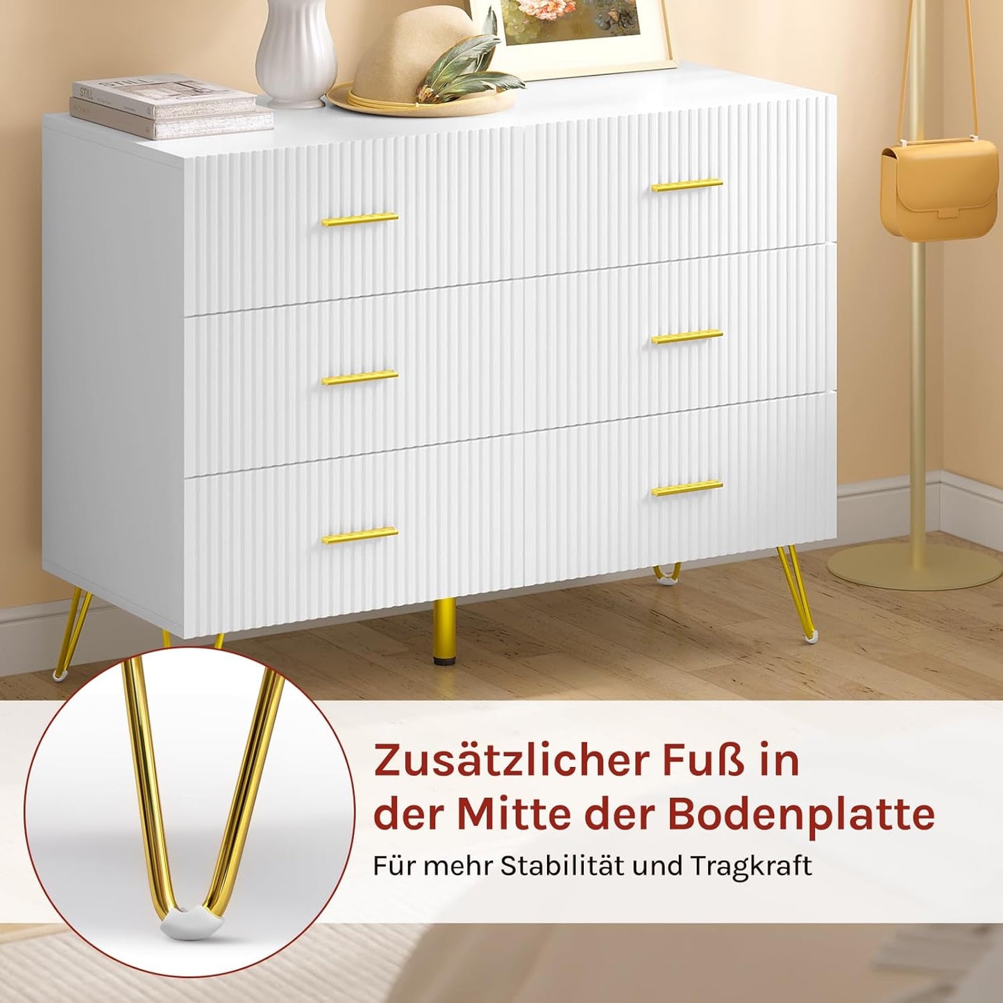 Commode Woltu avec 6 tiroirs blanc et or - Meuble de rangement pour chambre, salon ou entrée - 100 x 40 x 75 cm