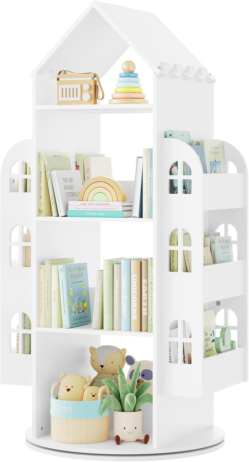Woltu Revolving Children's Bookcase White 63x59x125 cm - Meuble de rangement Montessori à 4 niveaux et compartiments latéraux