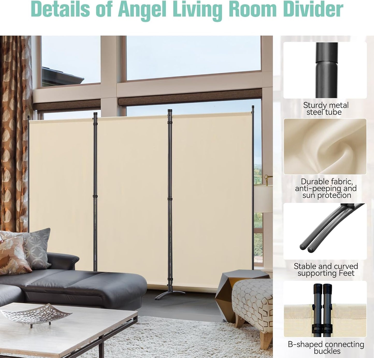 Angel Living Paravent - 3 panneaux - pliable - 243 x 180 cm - beige