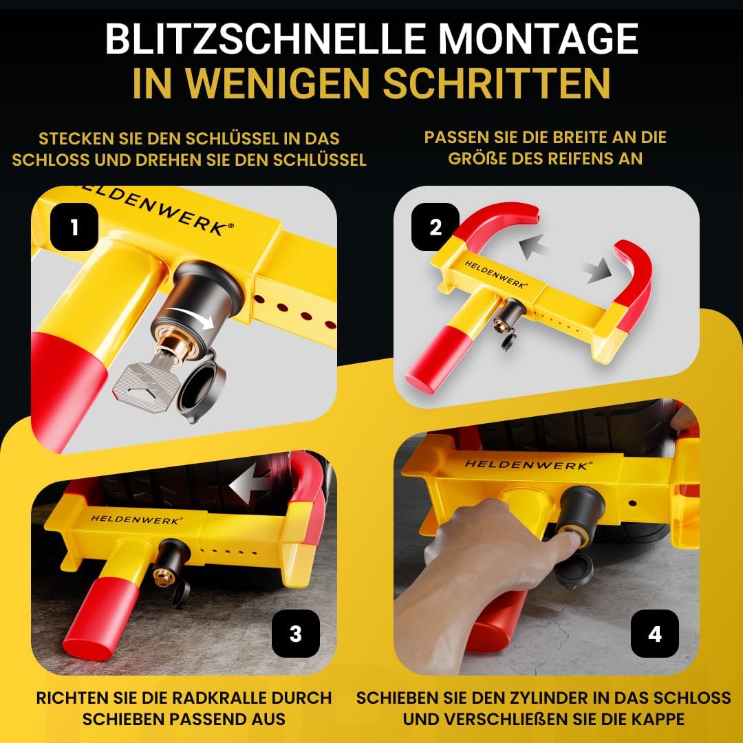 HELDENWERK - Attache de roue avec verrouillage de sécurité - 48x25x7 cm - pour largeur de pneu 18-30 cm avec 3 clés - protection contre le vol pour camping-car et voiture - acier jaune et rouge
