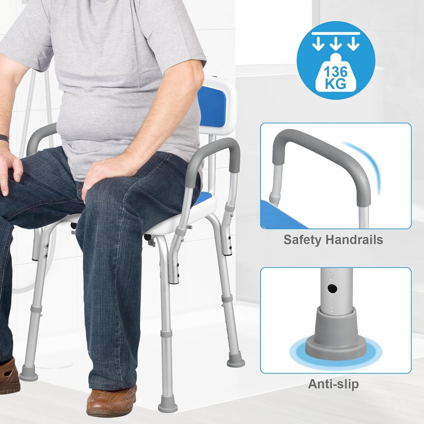 Chaise de douche Eugad - Max. 130 kg - Hauteur réglable - 47 x 39 x 84 cm - Bleu / Blanc