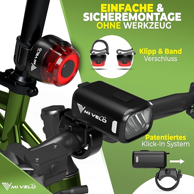 MIVELO Kit d'éclairage pour vélo - rechargeable par USB et étanche - 100 Lux - Smart One
