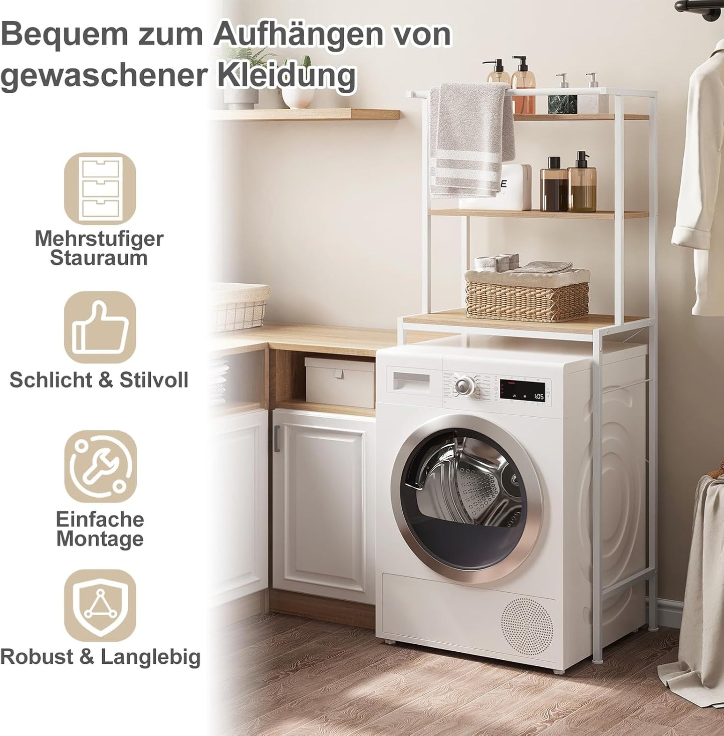 Eugad Support pour lave-linge / Support pour toilettes - Meuble de rangement supérieur avec 3 étagères et porte-serviettes - 67 x 162 x 40 cm - Blanc