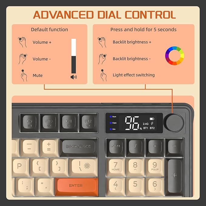 FREEWOLF M96 Wireless Gaming Keyboard, clavier mécanique sans fil Bluetooth/2.4G, rétro-éclairage LED RGB avec écran, capuchon de clavier PBT, 3000mAh, US Layout pour Win/Mac Flickering